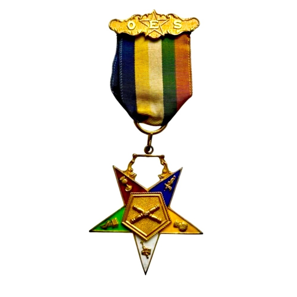 Vintage Order of Eastern Star Masonic Marshall Medal Badge Bar Pin Ribbon & Star